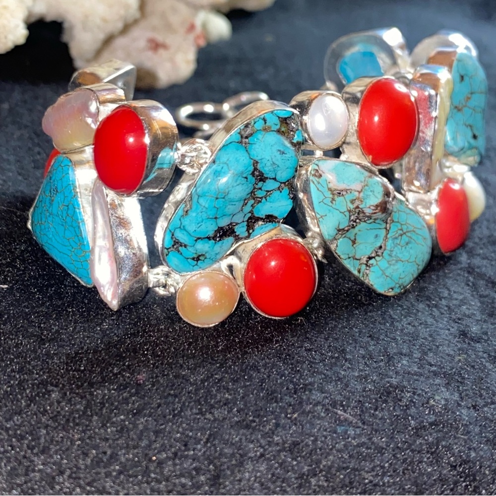 Gorgeous Tibetan Turquoise + Italian Red Coral + Biwa Pearl statement cuff